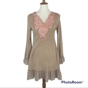 ❤️ Banana U.S.A Pink Ruffle Long Sleeve Shift Dress Size M